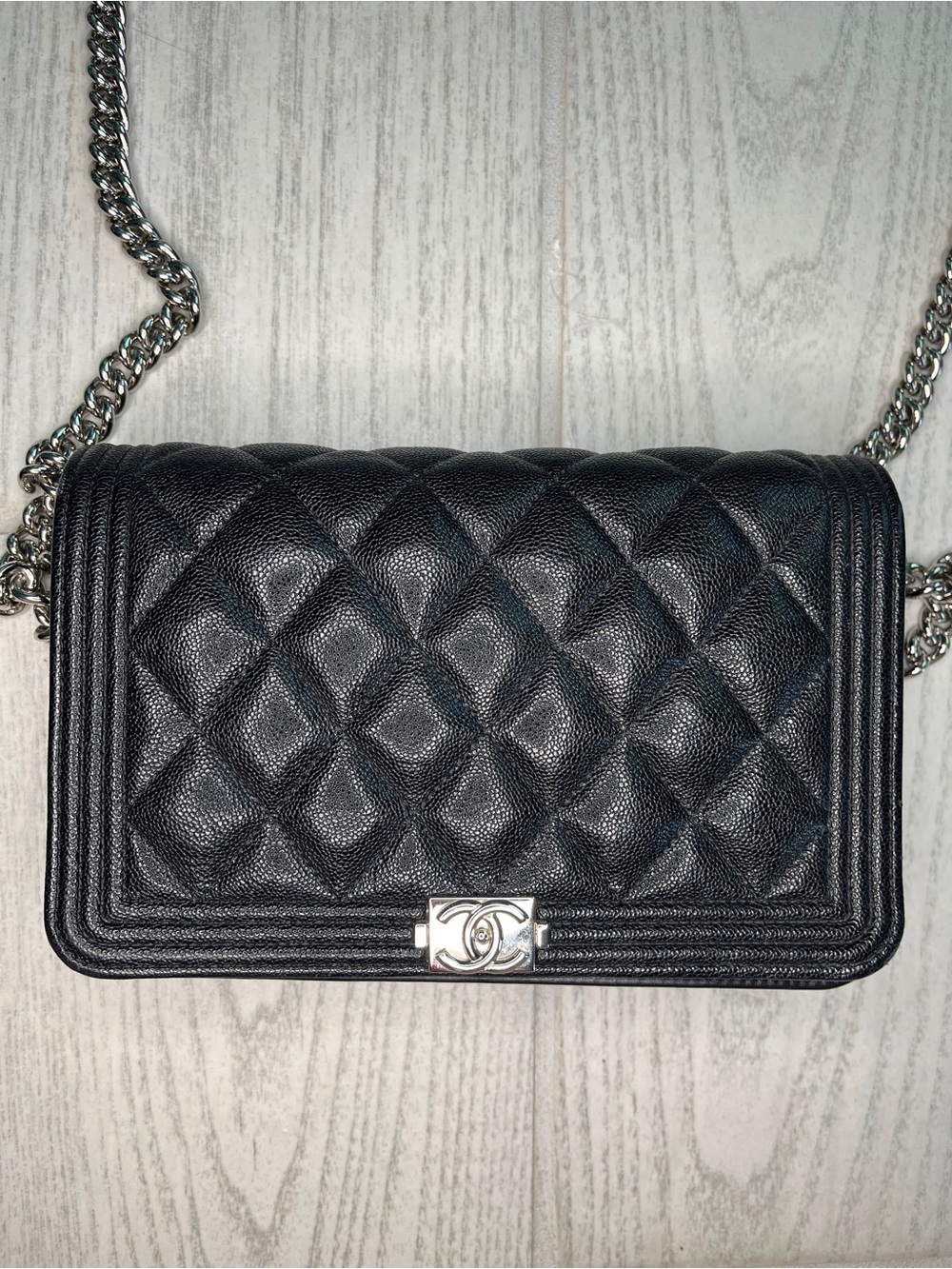 Chanel Caviar BOY wallet on chain in Black with silver HW